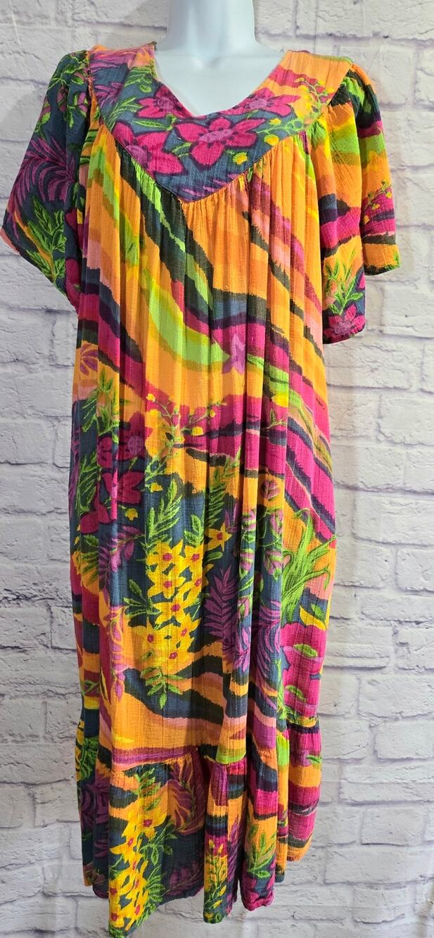 Serengeti Orange Pink Multicolor Smocked Maxi Dress L Lightweight Flowy Soft